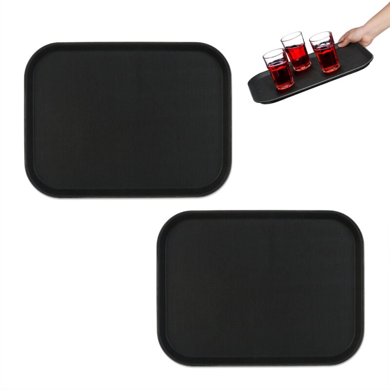 Plateau de service, lot de 2, surface antidérapante, design rectangulaire, l x p : 41 x 30 cm, noir - Relaxdays