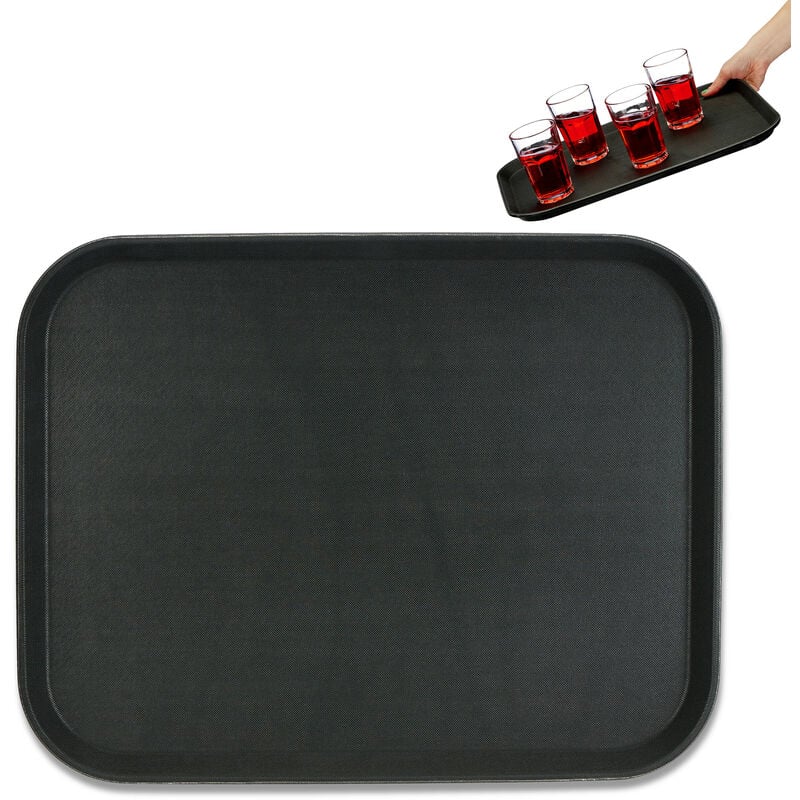 Plateau de service, lot de 2, surface antidérapante, forme rectangulaire, restaurant, LxP: 46 x 35 cm, noir - Relaxdays