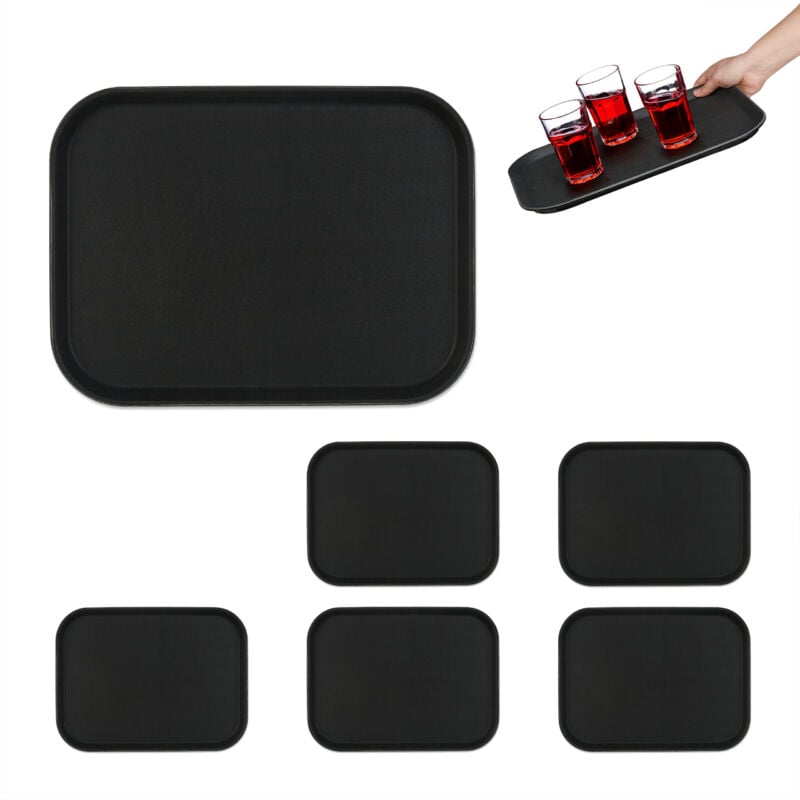 Plateau de service, lot de 6, surface antidérapante, design rectangulaire, l x p : 41 x 30 cm, noir - Relaxdays