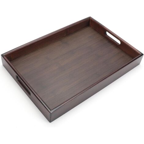 Plateau de service rectangulaire en bois avec poignées - 37 x 26 x 5 cm - Plateau de service pour petit-déjeuner, thé, table basse