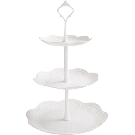 Plateau de service rond 3 étages en plastique blanc pour desserts, fruits et gâteaux
