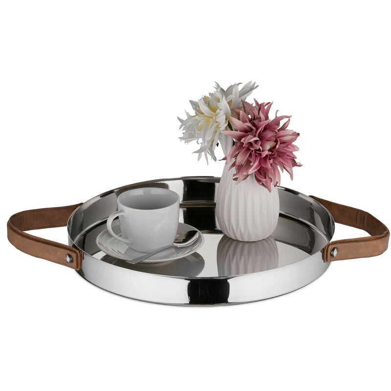Plateau de service rond & décoratif, bord surélevé et anses, acier inoxydable, diamètre 35 cm, argenté - Relaxdays