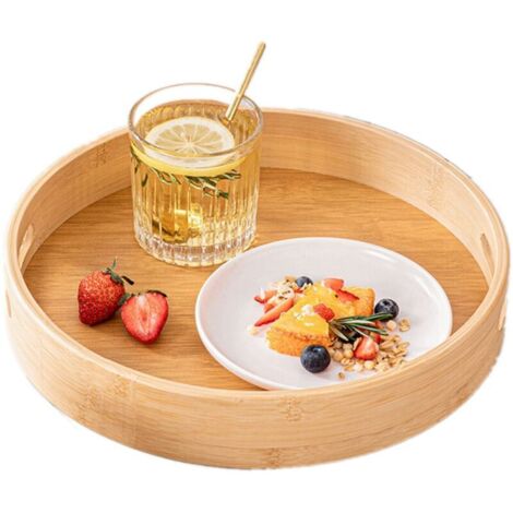 Plateau de service rond en bambou avec poignées et bord surélevé pour aliments, café, vin, thé, fruits, repas (30 x 30 x 5 cm)