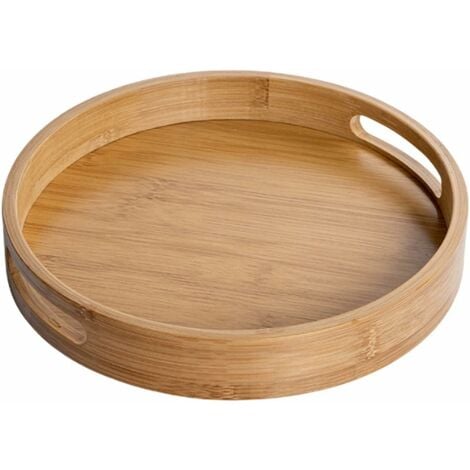 QIEDIE Plateau de service rond en bois avec poignées, plateau décoratif rond, en bambou naturel, plateau décoratif pour café, bar, restaurant (marron),25x25x4cm