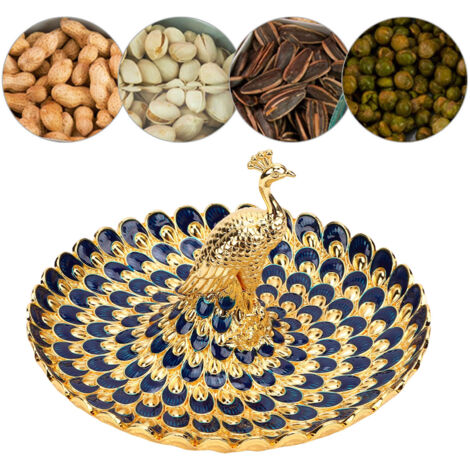 Plateau de service rond en métal en forme de paon, idéal pour les amuse-gueules, les fruits et les desserts. Parfait pour un buffet à la maison, un hôtel ou un bar. Décoration dorée et bleue.