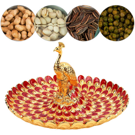 Plateau de service rond en métal en forme de paon, idéal pour les amuse-gueules, les fruits et les desserts. Parfait pour un buffet à la maison, un hôtel ou un bar. Décoration dorée et rouge.
