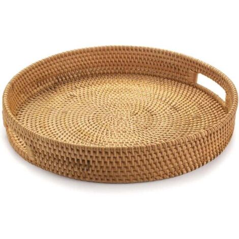 Plateau de Service Rond en Rotin, Plateau de Service en Osier avec Poignées Découpées, Panier de Service Tressé Fruits/Pain, 30 cm
