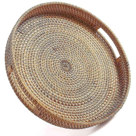 Plateau de service rond en rotin, plateau ottoman décoratif tissé avec poignées, pour rotin naturel (petit) --
