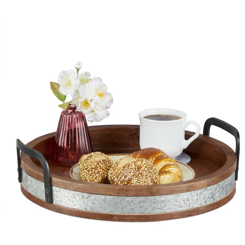 Plateau de service, rond, poignées en fer, décoratif et pratique, bois de manguier, hd 9x35 cm, marron/argenté - Relaxdays