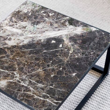 Plateau de table en verre carré pierre naturelle Vintage noir Aspect marbré dessus en verre trempé 60x60 cm - noir