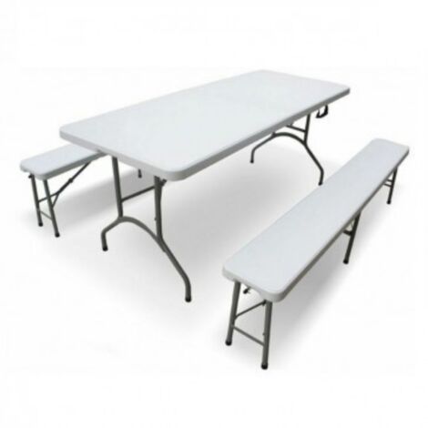 Plateau de table et bancs a' structure en acier pour brasserie en PEHD pliable et refermable comme caisse de pique-nique en plein air