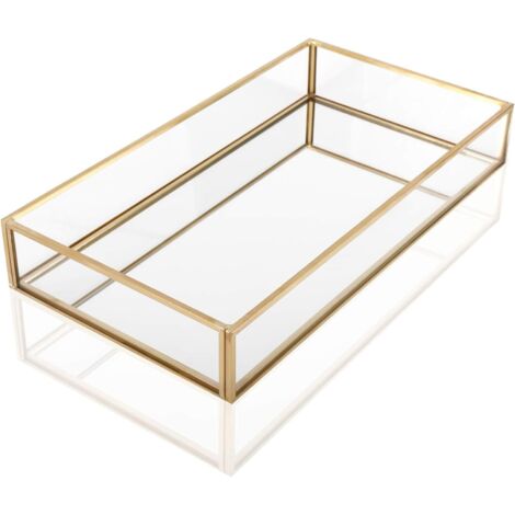 Plateau Décoratif Miroir - 1 Pièce - Verre et Métal Doré - Rangement Bijoux Cosmétiques - Coiffeuse Salle de Bain - 25 x 14 x 4 cm