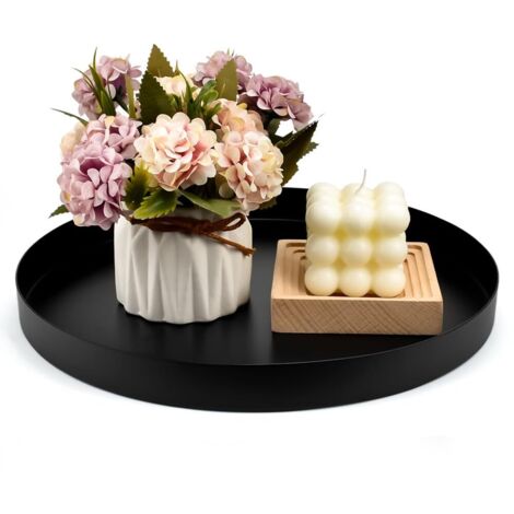 Plateau décoratif rond noir 30 cm Plateau rond en acier inoxydable Assiette décorative Plateau de rangement de maquillage en métal noir Plateau décoratif noir mat Plateau décoratif en métal pour