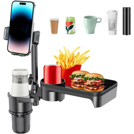 Plateau d'extension pour porte-gobelet de voiture 4 en 1 avec support de téléphone, plateau alimentaire multifonctionnel et détachable avec base réglable rotative à 360°, extension de gobelet de voitu