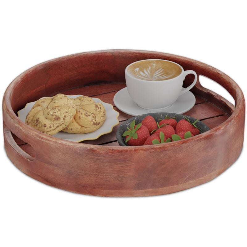 Plateau de service, en bois de manguier, avec poignées, bord surélevé, design rond, HxD : 7,5 x 36 cm, marron - Relaxdays