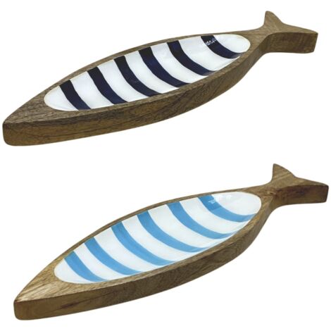 Plateau en bois en forme de poisson à rayures bleues et blanches - NEUF