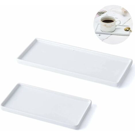 Plateau en Porcelaine Blanche, 2 Plateau de Lavabo en Céramique, Plateau Rectangulaire en Résine, Plateaux de Rangement Organiseur Salle Bain Toilette, pour Mouchoir, Serviette, Bijouterie, Bougie REA
