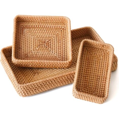 Plateau En Rotin - Panier Rectangulaire De Rangement - Lot De 3 - Pour Cuisine Salle De Bain Salon - Dimensions Variées