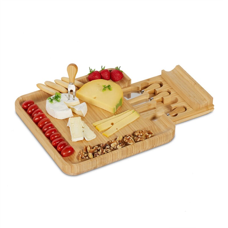 Plateau fromage avec lot de couteaux, HxLxP: 4 x 33 x 33 cm, planche bambou avec tiroir, 4 couverts, nature - Relaxdays