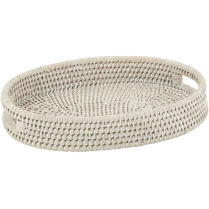 Plateau ovale en rotin patiné blanc