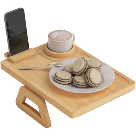 Plateau pliable et flexible en bambou pour accoudoir de canapé, avec porte-gobelet amovible et support de téléphone pivotant