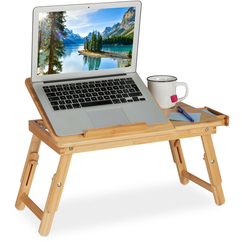 Relaxdays - plateau pliant pour laptop, avec fentes d'aération, hauteur réglable, HxLxP : 43,5x57x30 cm, en bambou, nature