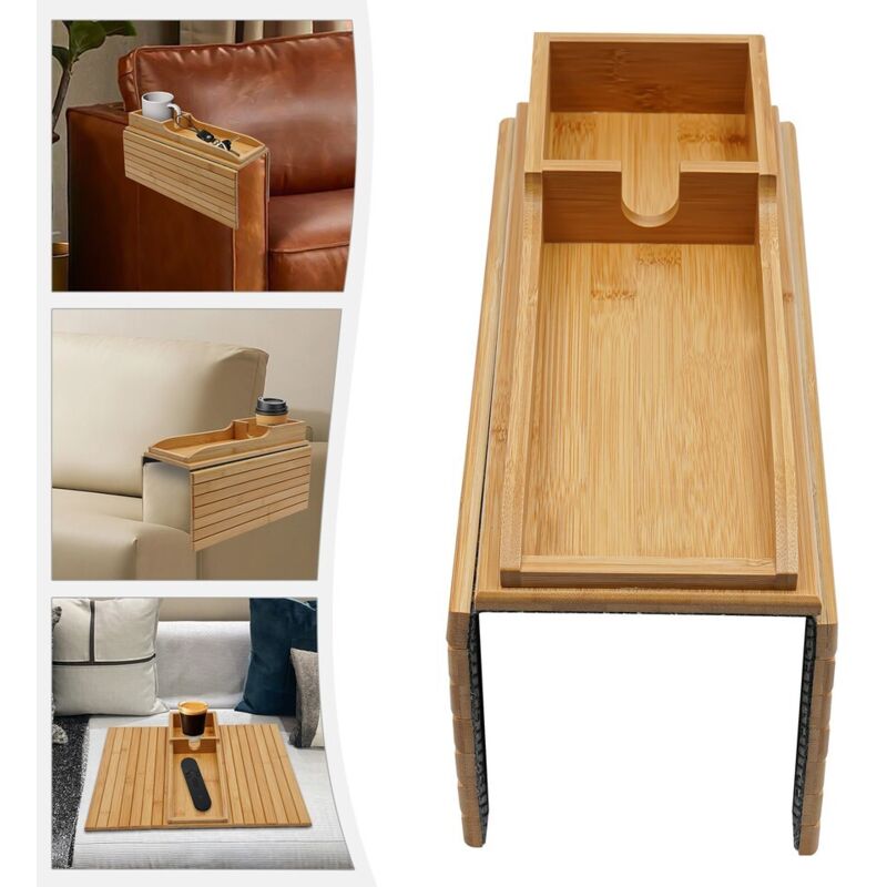 Plateau portable en bambou pour canapé Plateau flexible en bambou pour accoudoir de canapé Support pour boissons et collations Plateau pour fauteuil