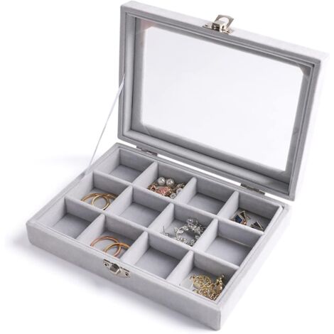 Plateau Rangement Bijoux - 12 Grilles - Velours Gris - Couvercle Transparent - Pour Tiroir Ou Vitrine - 17,8x13,5cm