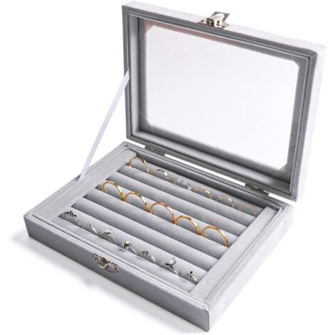 Plateau Rangement Bijoux - 7 Compartiments - Velours Gris - Couvercle Verre - Pour Tiroir Ou Vitrine - 17,8x13,5cm