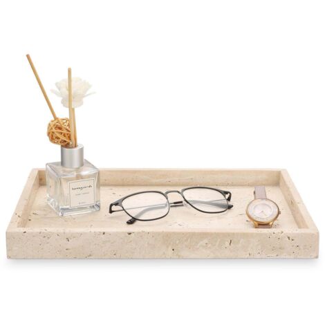 Plateau rectangulaire en travertin beige naturel, pour ranger bijoux et parfums, organisateur de salle de bain (Beige)