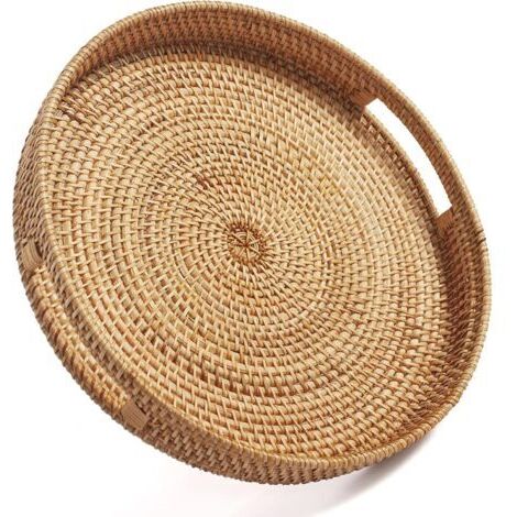 Plateau rond en rotin tressé avec poignées, plateau table basse, décoration ottomane couleur naturelle (35x5 cm)