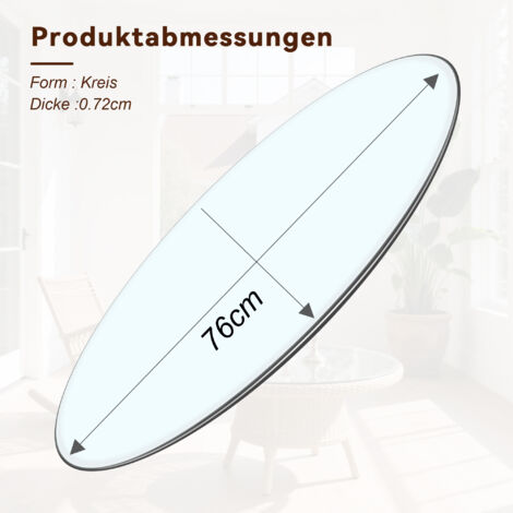 Plateau rond en verre trempé Ø76 cm,épaisseur 0,72 cm. Robuste et pratique,idéal pour cuisine,salon et salle à manger.