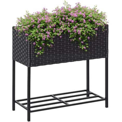 Plateau surélevé, bac à fleurs, rangement profond, cadre métal/résine tressée, 70 x 30 x 70 cm, brun foncé