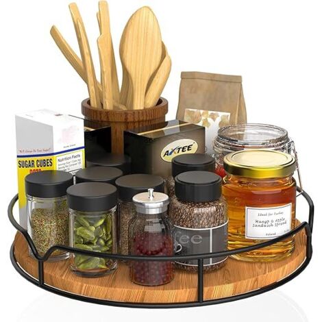 Plateau tournant Lazy Susan 33 cm bois pin noir, organisateur rotatif cuisine placard frigo comptoir