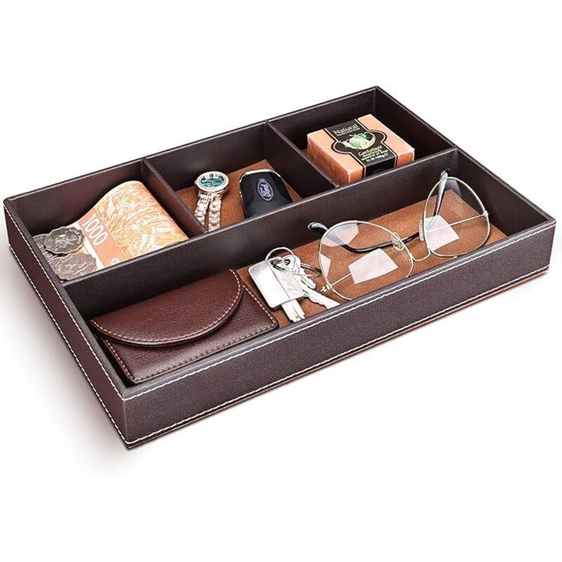 Plateau Vide Poche en Cuir, Organisateur de Tiroir Chevet et Bureau à 4 Compartiments, Boîte de Rangement Clés, Portefeuille, Téléphone, Montres,