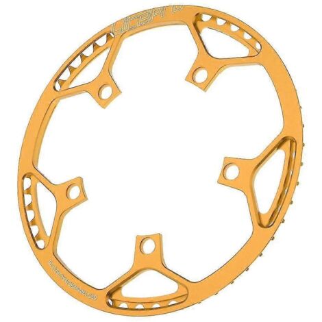 Plateaux 45, 47, 53, 56 et 58 dents, entraxe 130 mm, mono-vitesse, rouge (45 dents) et or (53 dents).