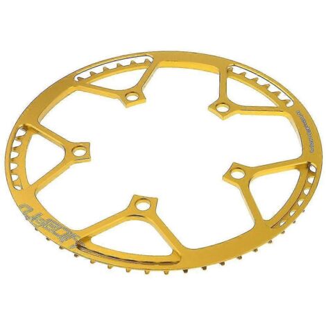 Plateaux 45, 47, 53, 56 et 58 dents, entraxe 130 mm, mono-vitesse, rouge (45 dents) et or (58 dents).