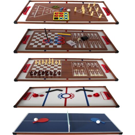 Plateaux Multi-jeux, 14 jeux : Ping Pong, Air Hockey, Bowling, Echec, Mikado, Back Gammon 97 x 49 x 3 cm - Marron