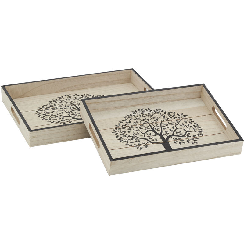 Plateaux rectangulaires en bois naturel Arbre de vie (Lot de 2)