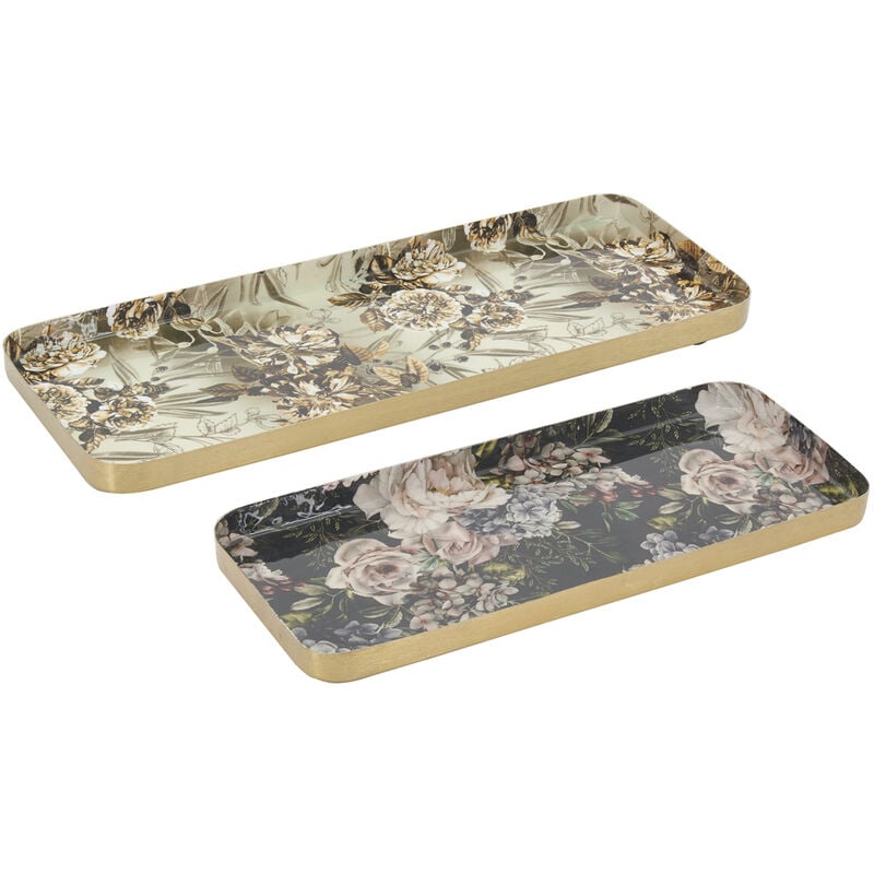 Plateaux rectangulaires en métal Fleurs retro (lot de 2)