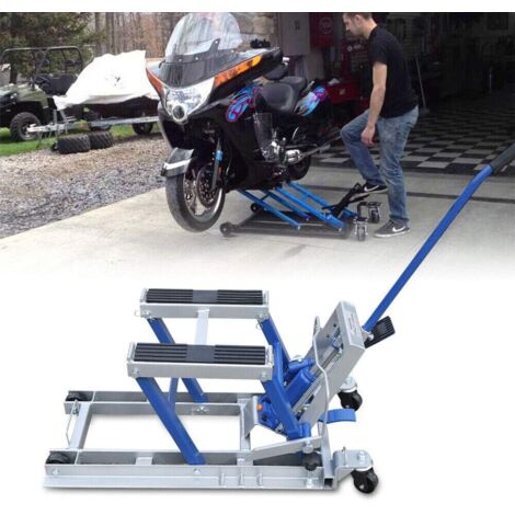 Plateforme de levage pour moto Cric pour réparation de moto Plateforme de levage pour cadre de moto Support de montage Levage hydraulique Support de levage pour garage Support de levage bleu Charge ju