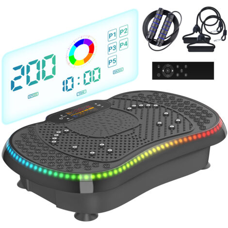 Plateforme vibrante, 200 niveaux d'intensité, 5 programmes prédéfinis, comprend une bande de résistance et une corde à sauter, télécommande, Bluetooth intégré, Éclairage d'ambiance LED, Noir