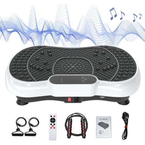 Plateforme vibrante, 99 niveaux d'intensité, 5 programmes prédéfinis, comprend une bande de résistance et une corde à sauter, télécommande, Bluetooth intégré, Blanc