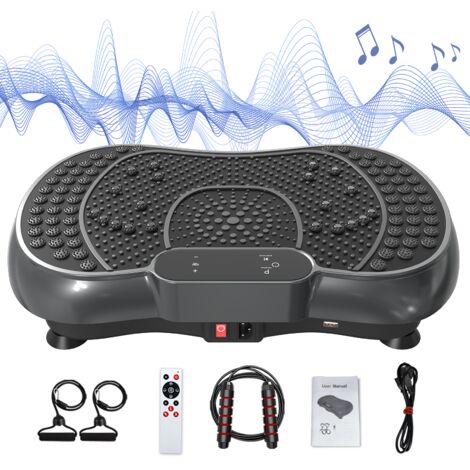 Plateforme vibrante, 99 niveaux d'intensité, 5 programmes prédéfinis, comprend une bande de résistance et une corde à sauter, télécommande, Bluetooth intégré, Noir