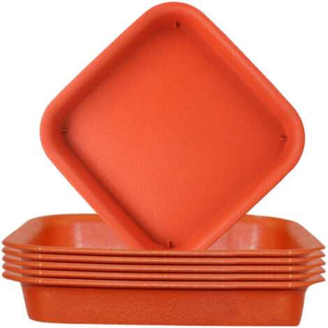 Platillos de plástico PP, macetas robustas para uso interior y exterior, drenaje óptimo, 6 tamaños diferentes (9,8–22,5 cm), 120–720 g, diseño en beige oscuro/rojo.