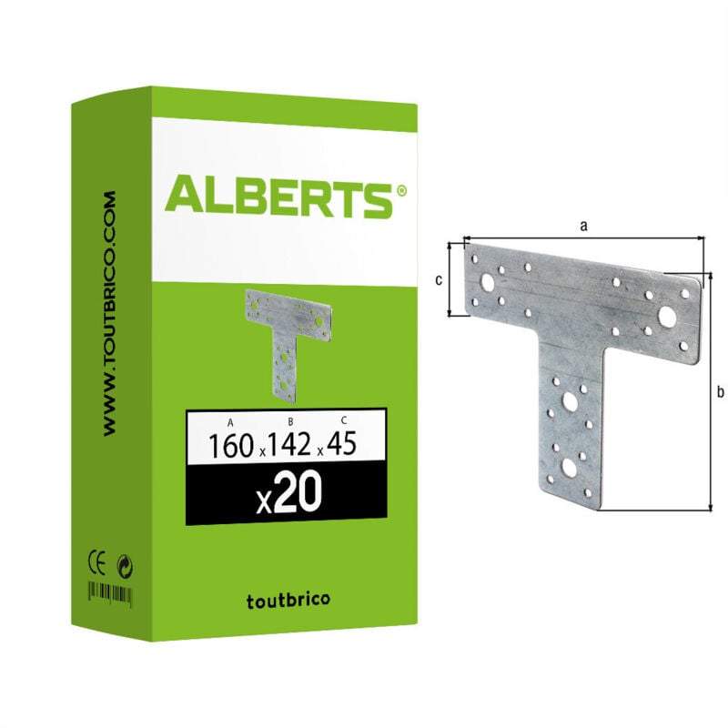 866716 Platine d'assemblage, en forme t, galvanisée Sendzimir, 160 x 142 x 45 mm, Set de 20 pièces - Alberts
