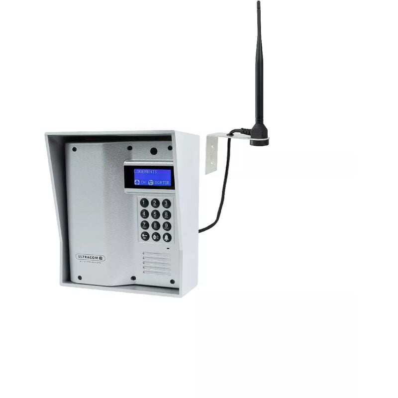 Ultra Secure - Platine de rue 600m autonome sans-fil - UltraCOM3 visière argentée + antenne : 'contourner obstacle / pilier'