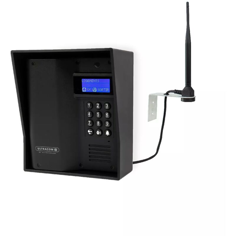 Ultra Secure - Platine de rue 600m autonome sans-fil - UltraCOM3 visière noire + antenne : 'contourner obstacle / pilier'