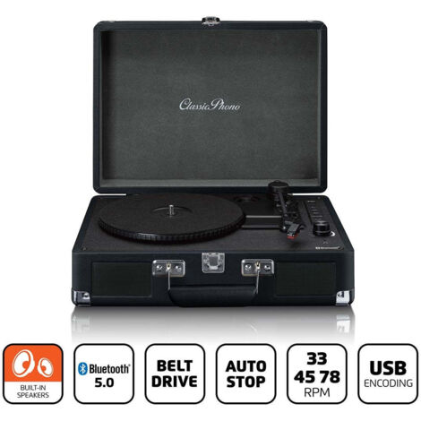 Platine vinyle mallette lenco tt-115cr - bluetooth, enceinte intégrée - noire