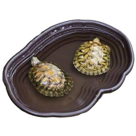 Plato de agua para tortugas con rampa de 15 x 11 x 2 pulgadas, poco profundo, para reptiles, disco liso, fácil de lavar, multiusos, ABS, para tortugas, serpientes GECKO, marrón, tortuga